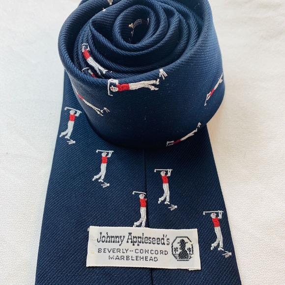 Johnny Appleseed’s Golf Motif Repp‎ Tie Navy Blue Prep Traditional Beverly Mass - Picture 5 of 7